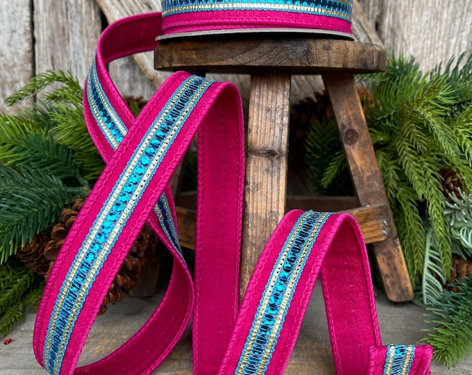 1" Hot Pink Blue Twinkle Trim Ribbon, Farrisilk ribbon, Pink Jeweled RIbbon, Hot Pink Ribbon, Pink Christmas Ribbon,Designer RIbbon,RK756-31