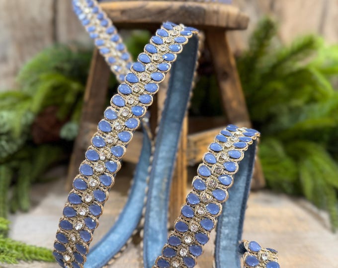 1" Steel Blue Jeweled Ribbon, Steel Blue Pendeloque Ribbon, Farrisilk, RK901-17