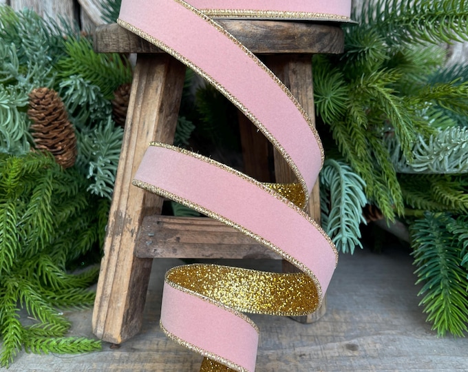 1" Blush Pink & Gold Ribbon, Farrisilk Ribbon, Gold Gleam Ribbon, Light Pink Ribbon, Christmas Ribbon, Pink Christmas Ribbon, RS203-22