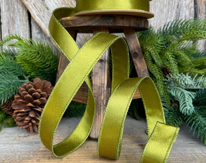1" Moss Green Satin Ribbon, Christmas Ribbon, Green Satin Ribbon, Wired Ribbon, Moss Green Ribbon