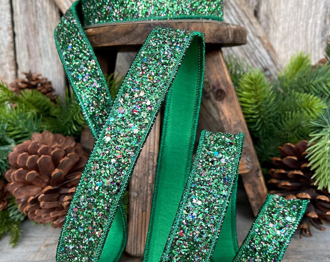 1" Green Glitter Ribbon, Farrisilk Ribbon, Confetti Glitter Ribbon, Christmas Tree Ribbon