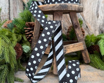 7/8" Black White Polka Dot & Glitter Candy Stripe Wired Ribbon, 10 Yard Roll