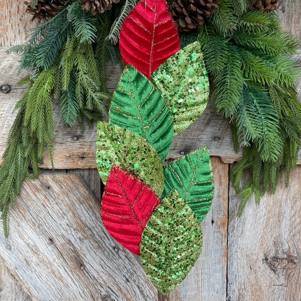 Red & Green Velvet Leaf Christmas Spray - 27" Tree Topper