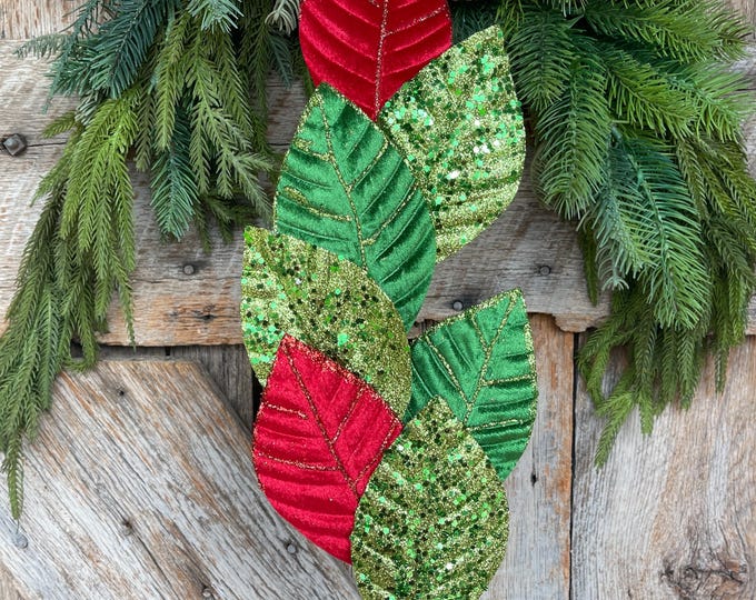 Red & Green Velvet Leaf Christmas Spray - 27" Tree Topper