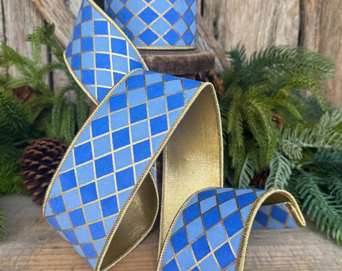 2.5" French Blue Harlequin Ribbon, Wired Ribbon, Designer Ribbon, 2 Tone Blue Ribbon, Diamond Ribbon, 94562W-350-40D