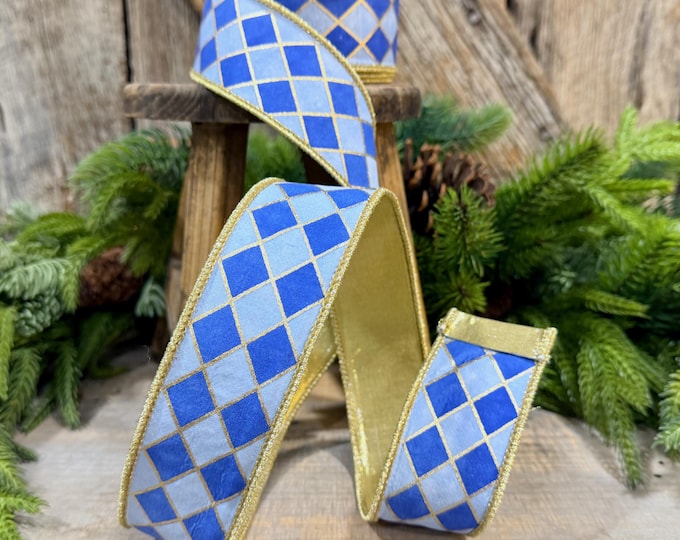 1.5" French Blue Harlequin Ribbon, Wired Ribbon, Designer Ribbon, 2 Tone Blue Ribbon, Diamond Ribbon, 94562W-350-09D