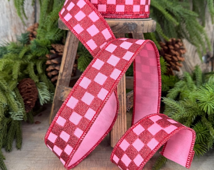 1.5" Pink Red Glitter Check Ribbon, Christmas Ribbon