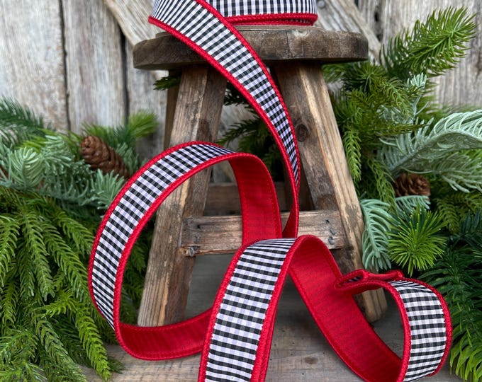 1" Red & Black White Mini Checkered Ribbon, D Stevens Ribbon, Check Ribbon, Narrow Ribbon, Designer RIbbon, Wreath Supply, 87-1641
