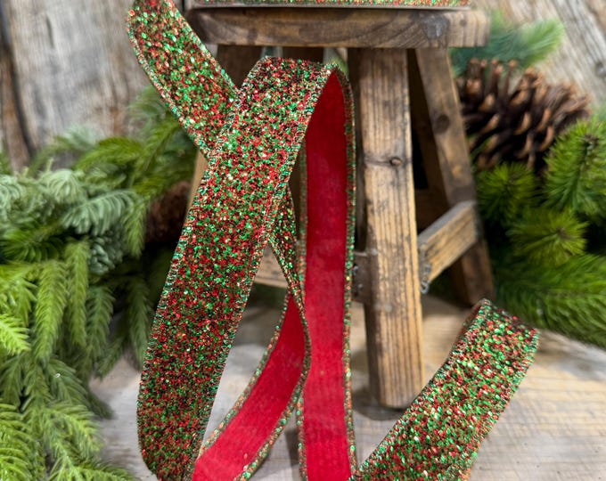 1" Red Green Glitter Magic Ribbon, Farrisilk Ribbon, RS376-48