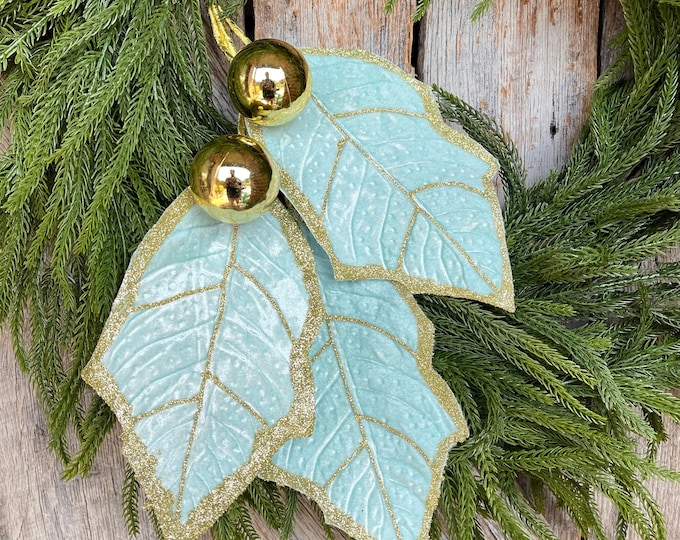 30" Mint Green Holly Leaf Spray, Christmas Holly Leaf Floral Stem, Mint Green Floral Picks Stems