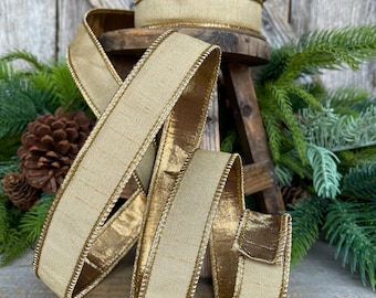 1" Gold Ribbon, Gold Christmas Ribbon, Wired Ribbon, Gold Bronze Ribbon, Wired Ribbon, Gold Ribbon