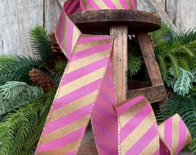 1.5" Pink Gold Ribbon, Pink & Gold Diagonal Stripe Ribbon, CHristmas Ribbon, Pink Ribbon, Metallic Gold, Christmas Tree Ribbon, Gift Wrap