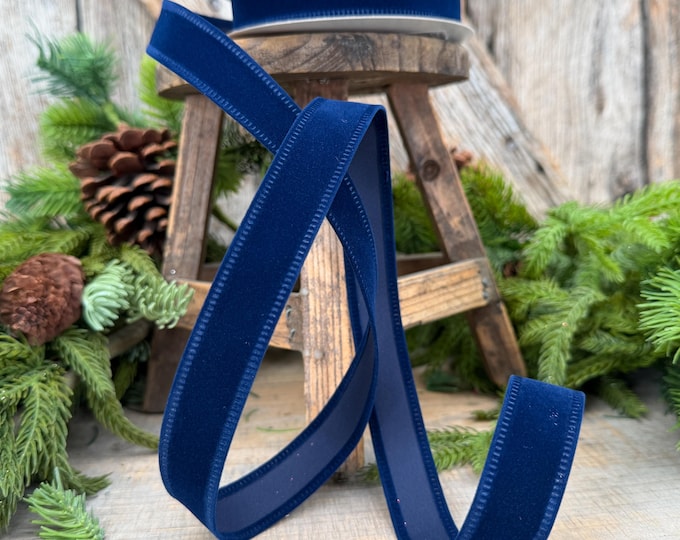 7/8" Navy Blue Velvet Ribbon, Blue Ribbon, Flocked Ribbon, Narrow Ribbon, Christmas Ribbon, Gift Wrap Ribbon