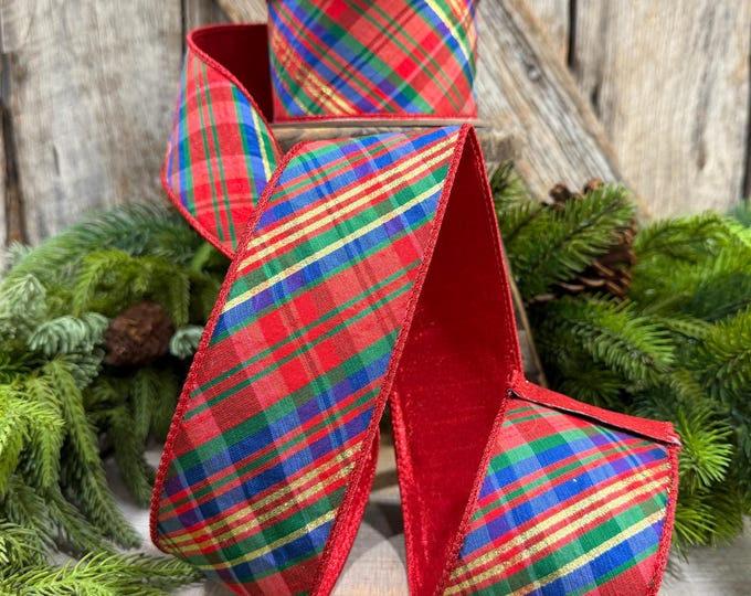 2.5" Chistmas Plaid ribbon, Farrisilk Ribbon, Nutcracker plaid ribbon, Christmas plaid ribbon, wired ribbon, Glitz Plaid Ribbon, RK700-32