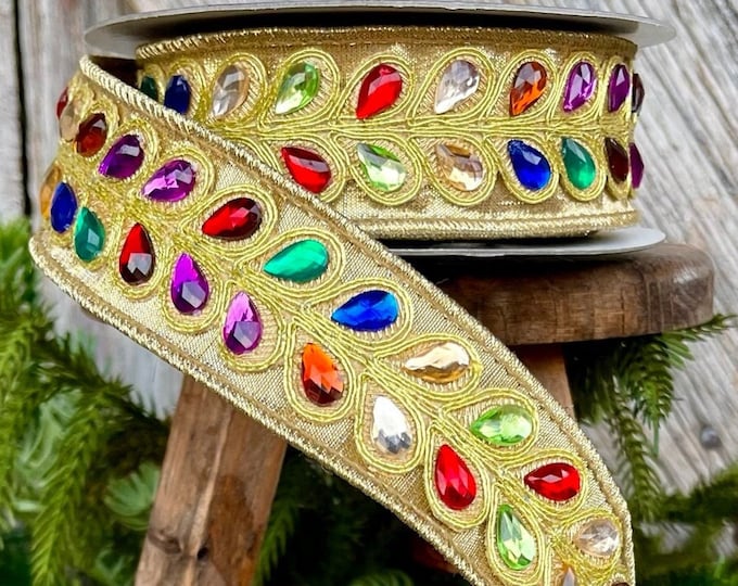 1.25" Gold Jeweled RIbbon, Farrisilk Ribbon, Multi Colored Jeweled RIbbon,Christmas RIbbon, Gold RIbbon,Pear Shaped Jeweled RIbbon, RG712-32