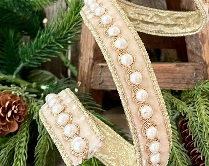 1" Cream Velvet Pearl Ribbon, Farrisilk Ribbon, Pearl Ribbon, Christmas Ribbon, Cream Velvet Ribbon, Designer Ribbon, Christmas Velvet