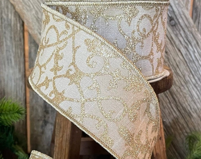 2.5" Platinum CASSIA ACANTHUS, Farrisilk Ribbon, Platinum Gold Ribbon, Scroll Ribbon, Platinum Christmas RIbbon, Designer Ribbon,Gold Ribbon