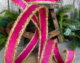 1" Hot Pink & Gold Ribbon, Christmas Ribbon, Farrisilk ribbon, 1" x 10 yards, RK790-15, RK790-15