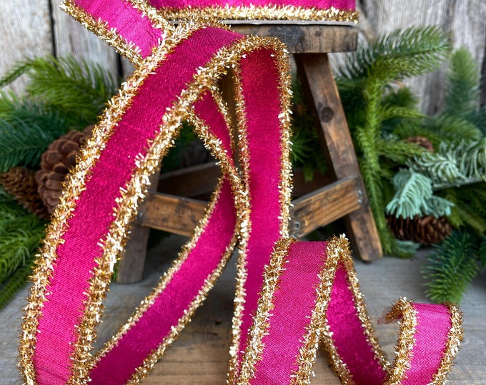 1" Hot Pink & Gold Ribbon, Christmas Ribbon, Farrisilk ribbon, 1" x 10 yards, RK790-15, RK790-15