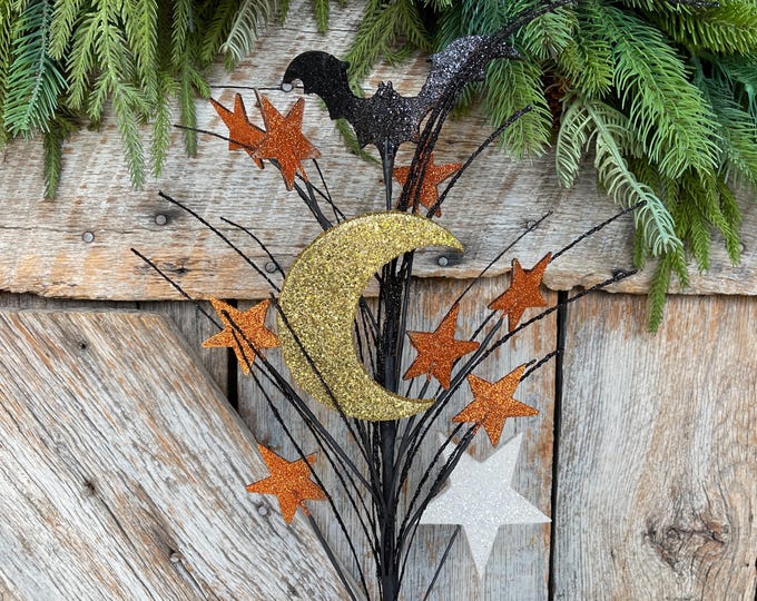 31" Halloween Spray, Gitter Crescent Moon Bat Spray, Halloween Spray, Halloween Decor, Spooky Decor, Bat Spray, Wreath Supply, 65260