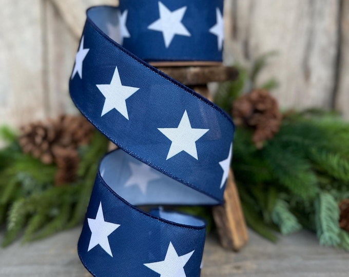 2.5" Blue Stars RIbbon, wired Ribbon, Designer Ribbon, Patriotic Ribbon, Americana Ribbon, Wired Ribbon, Navy blue Ribbon