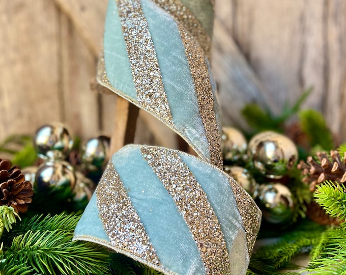 4" Teal Blue Chunky Glitter Diagonal Stripe, Christmas Tree Ribbon, Aqua Blue Ribbon, Farrisilk Ribbon, Velvet for Christmas Tree