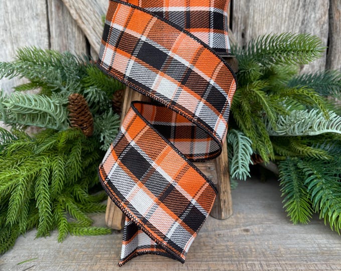 2.5" Fall Halloween Plaid RIbbon, WIred RIbbon, ORange BLack Ribbon, Farrisilk Ribbon, Pumpkin Prep Ribbon, RS261-87