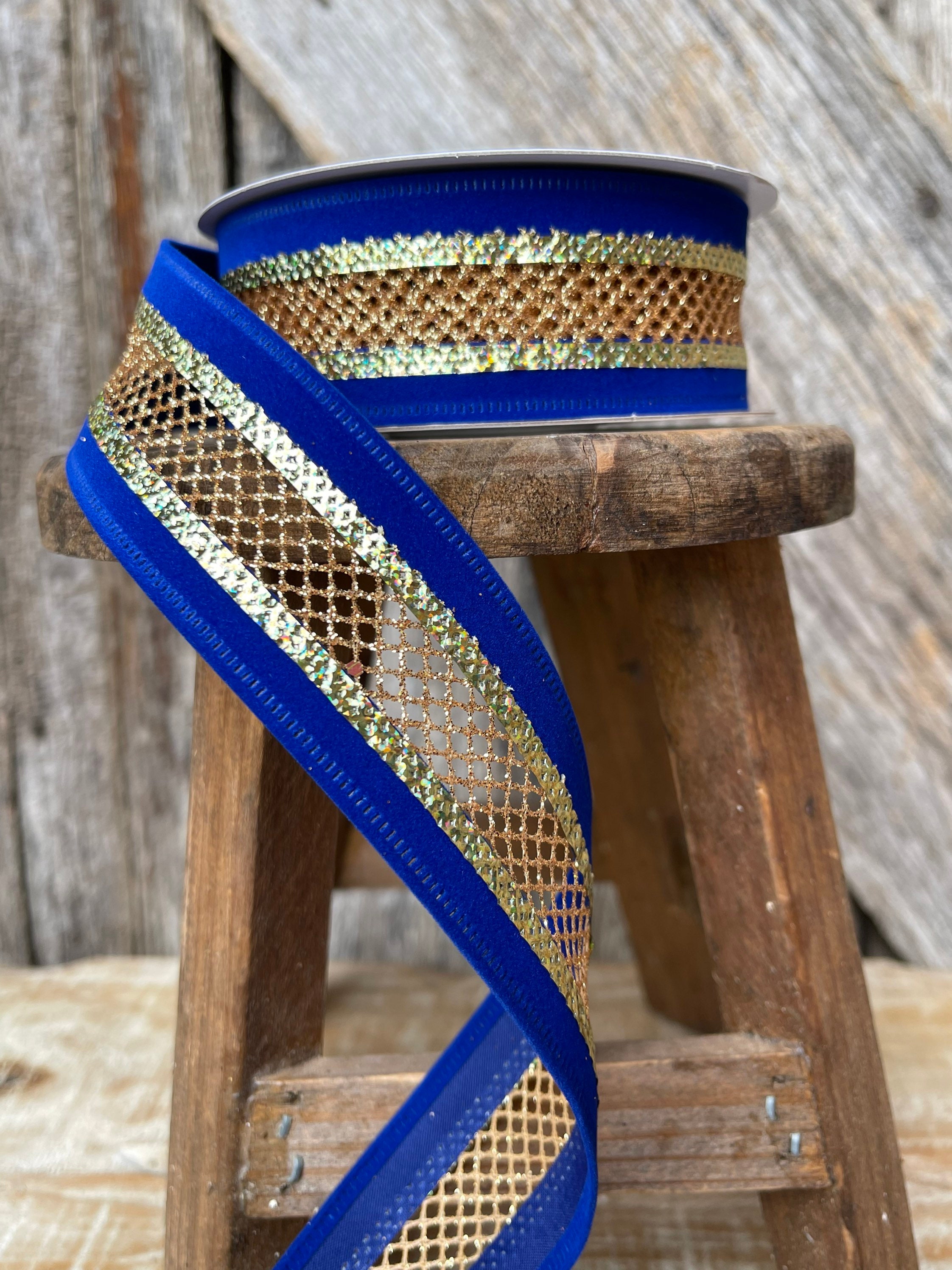 Blue ribbon, blue gold ribbon, Christmas ribbon, luxury ribbon