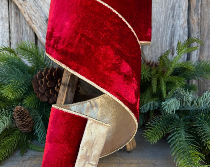 4" Red Plush Velvet RIbbon with gold backing