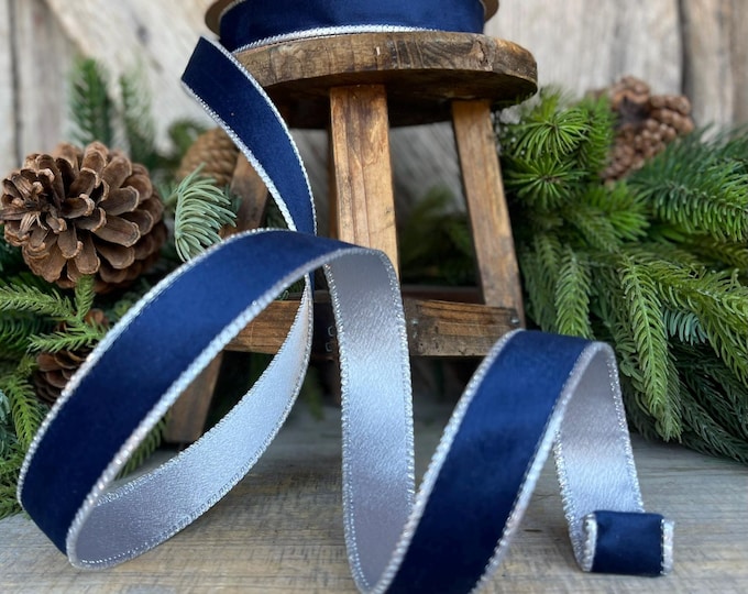 1" Navy Blue Velvet Ribbon, Navy Velvet Ribbon, Wired Ribbon, Christmas RIbbon, Blue Silver Ribbon, Christmas Bows