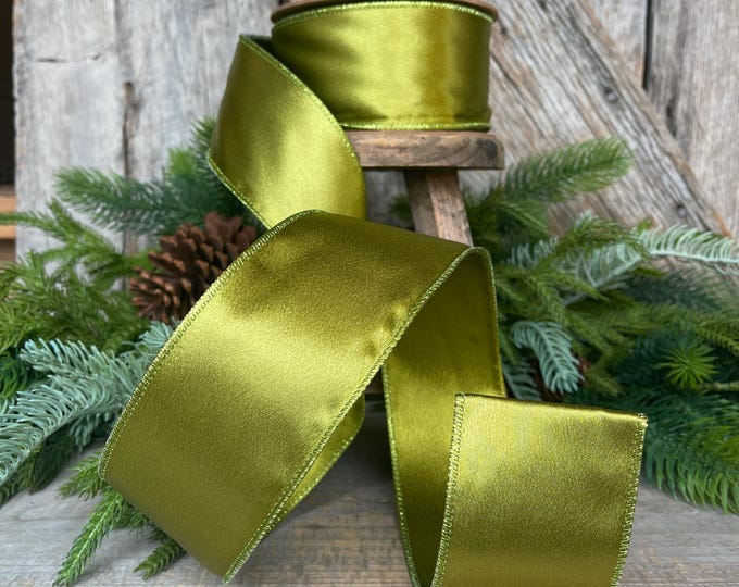 2.5" Moss Satin Ribbon, Christmas Ribbon, Shimmer Satin Ribbon, Wired Ribbon, Moss Green Ribbon