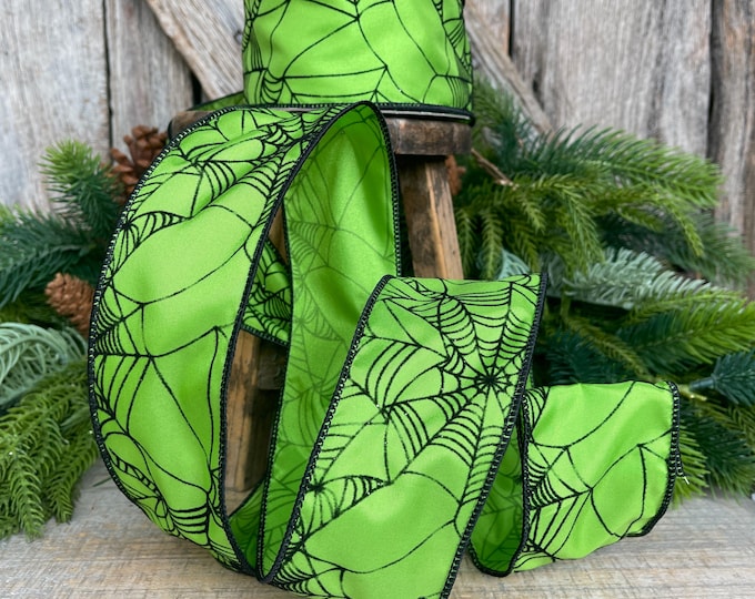 2.5" Lime Green Spooky Webs Ribbon, Farrisilk Ribbon, Halloween Ribbon, Wired Ribbon, Lime Green Halloween Ribbon, Spider Ribbon, RS145-52