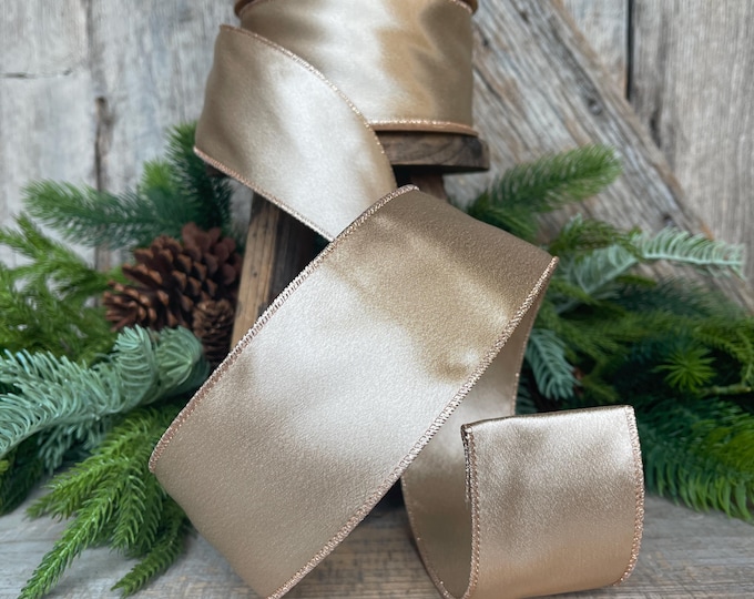 2.5" Champagne Gold Satin Ribbon, Christmas Ribbon, Shimmer Satin Ribbon, Wired Ribbon, Gold Ribbon