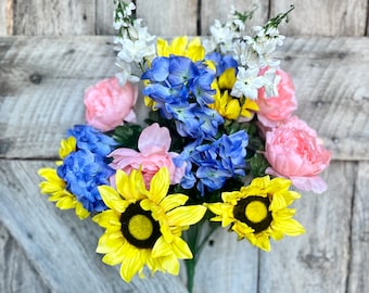 24" Sunflower Peony hydrangea bush, Yellow Sunflower, Yellow and Blue Floral Bush, artificial floral bush, wreath supply, craft supply, diy