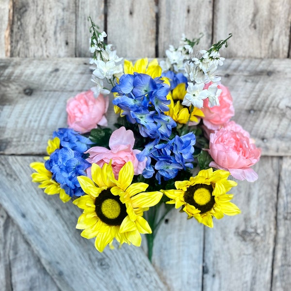 24" Sunflower Peony hydrangea bush, Yellow Sunflower, Yellow and Blue Floral Bush, artificial floral bush, wreath supply, craft supply, diy