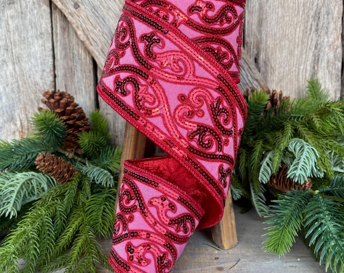 Hot Pink Sequin Ribbon: 4" Wired Christmas Tree Ribbon