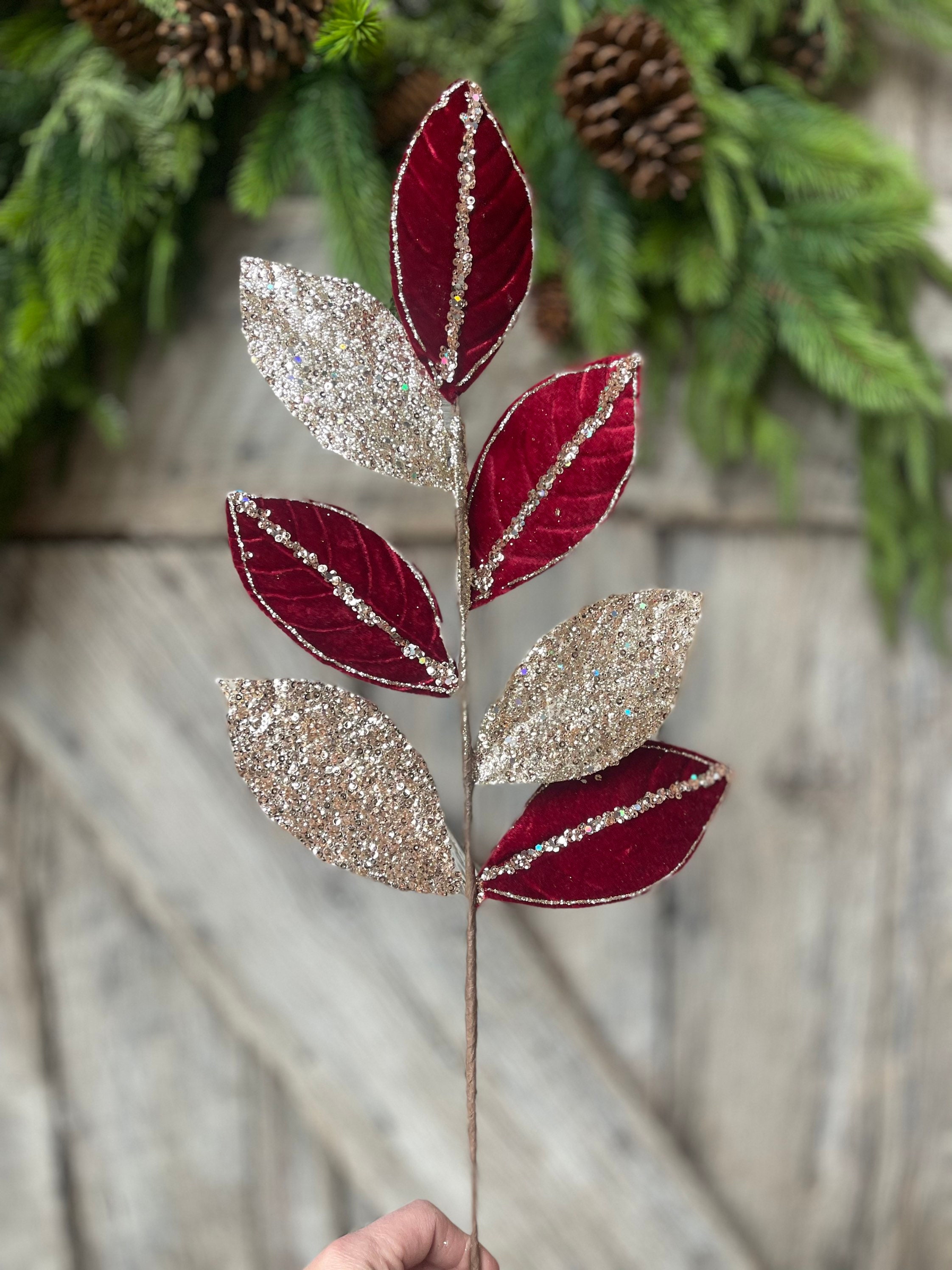 Burgundy Christmas Spray, Christmas Leaves Spray, Christmas Floral Stem,  Christmas Tree Spray, Picks and Stems, Burgundy Christmas Tree