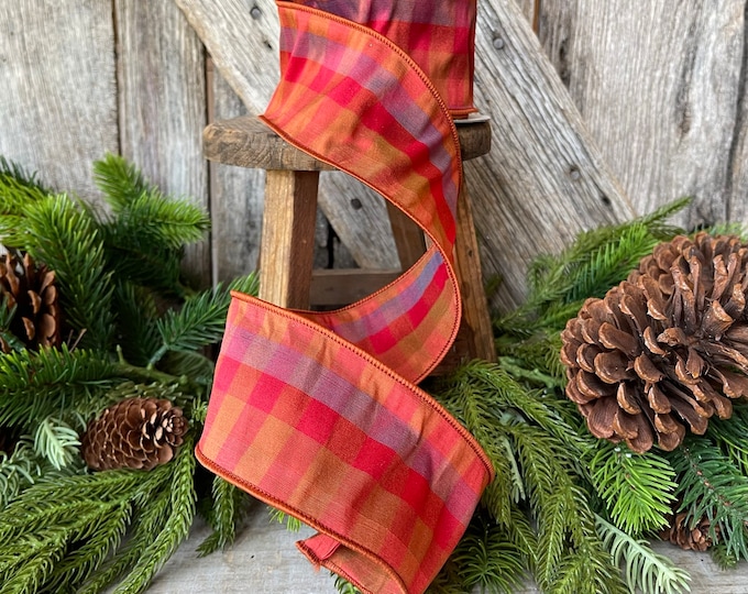 2.5" Fall Plaid Ribbon, Farisilk ribbon, Designer Ribbon, Red Plaid Ribbon, Fall Wreath Ribbon, Wreath Supply, Floral Supply, Wired RIbbon