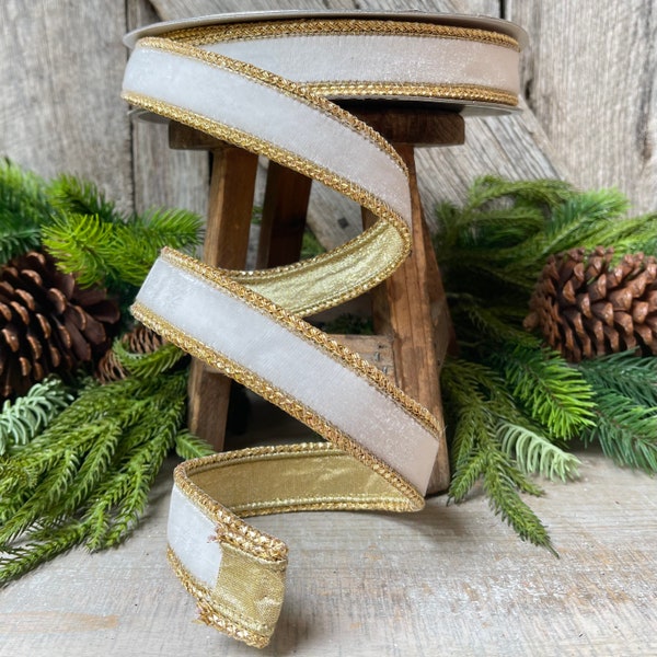 Farrislk 1" Ivory Gold Royal Velvet, Holiday Ribbon, Velvet Ribbon, Wired Ribbon, Christmas Ribbon, 1 inch velvet ribbon, ivory velvet