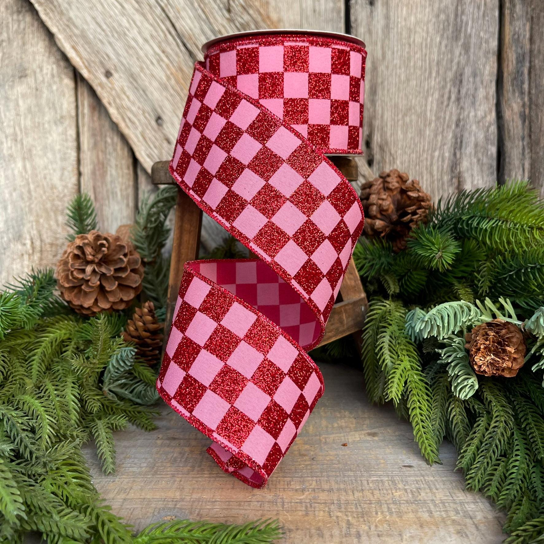 2.5 Red Pink Glitter Check Ribbon, Christmas RIbbon, Wired Ribbon, Pinkmas RIbbon, Pink Checkered Ribbon, Christmas Tree RIbbon, Pinkmas 2.5 Red Pink Glitter Check Ribbon, Christmas RIbbon, Wired Ribbon, Pinkmas RIbbon, Pink Checkered Ribbon, Christmas Tree RIbbon, Pinkmas