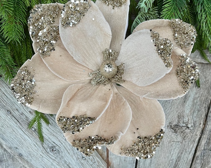 21" Champagne Velvet Magnolia, Christmas Magnolia, Faux Magnolia Stem, Glitz Magnolia, Glam Christmas Floral, Gold Christmas Tree Floral