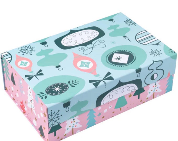 14" x 9" x 4.3" Collapsable Holiday Gift Box w/ 2-pcs White Tissue Paper & Magnetic Square Flap Lid | Pink And Blue Christmas Ornaments