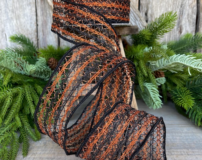 2.5" Orange Halloween Ribbon, Farrisilk Ribbon, Creepy Crochet, Halloween Ribbon, Wired Ribbon, Orange Halloween Ribbon, HR030-87