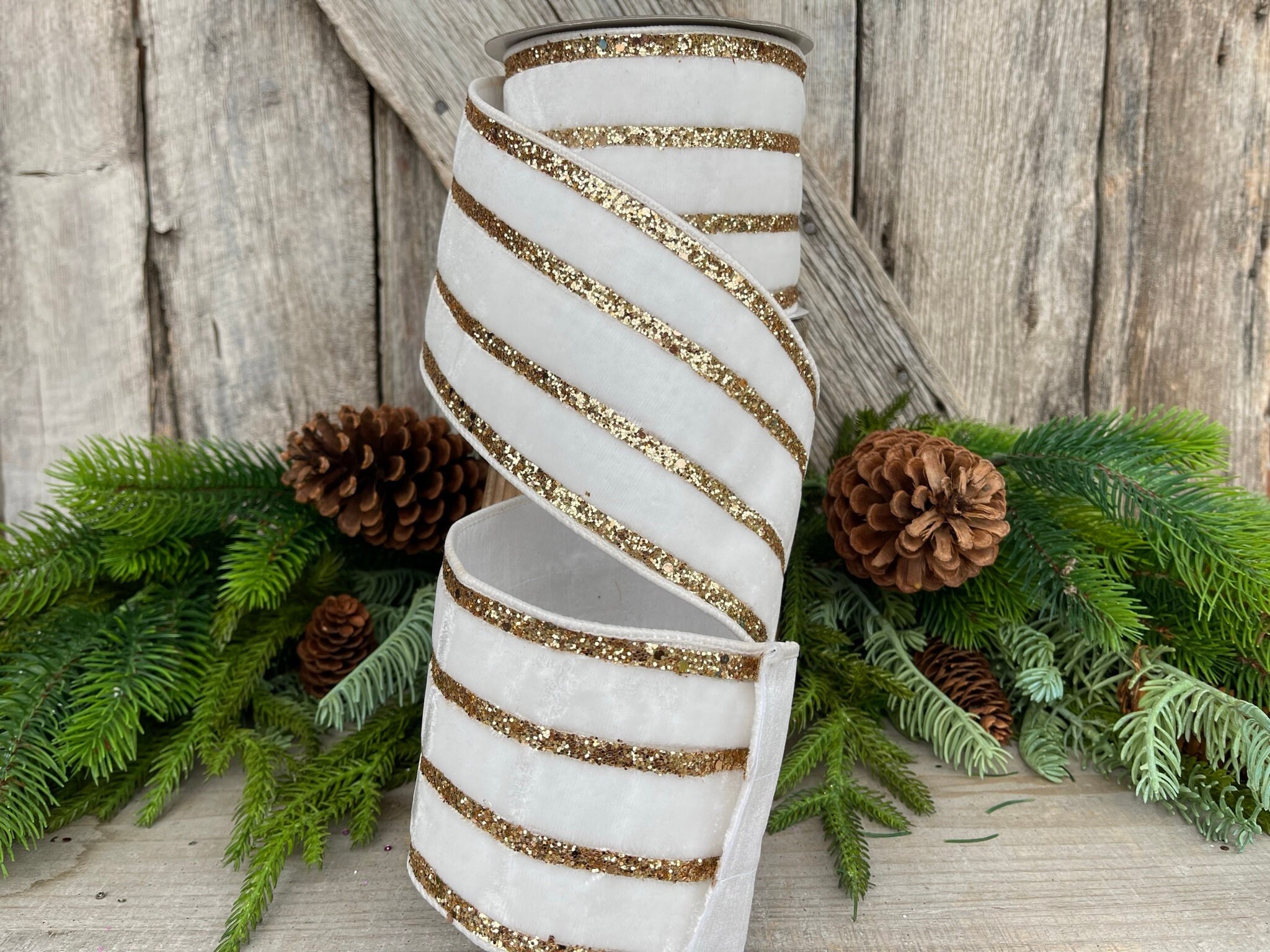 4 Ivory Gold Ribbon Glitter Stripe, Christmas Tree Ribbon, Ivory White