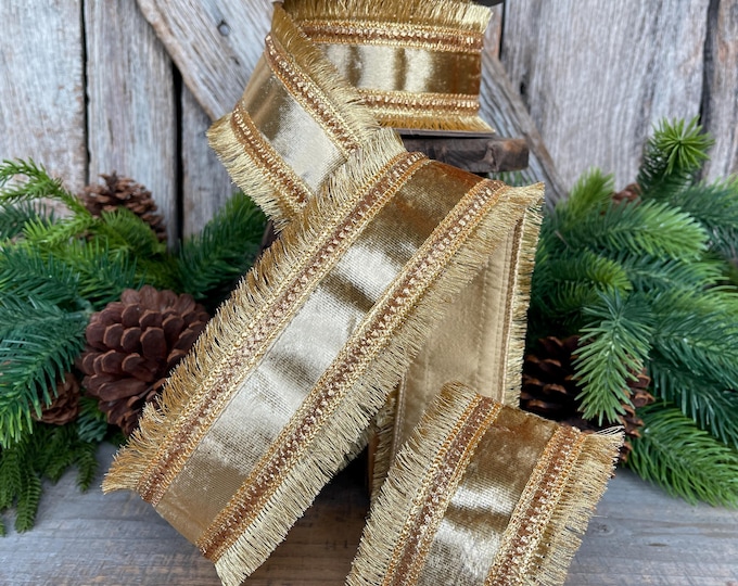 2.5" Gold Velvet Fringe Ribbon, Christmas Ribbon, Gold RIbbon, Christmas Tree Ribbon
