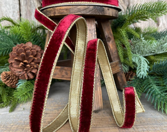 Burgundy Velvet Ribbon: 3/4" Gold Backed, 10 Yards - Farrisilk