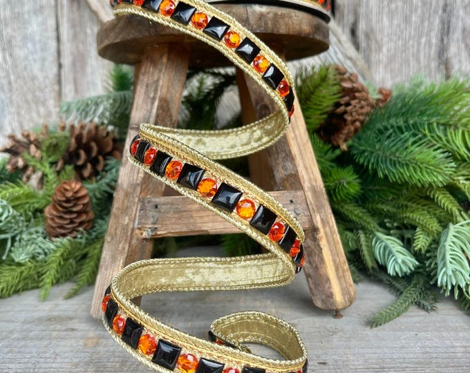 3/4" Halloween Garland Ribbon, Halloween Jeweled Ribbon, Orange Black Jeweled RIbbon, Farrisilk Ribbon, Halloween Ribbon, RK757-54