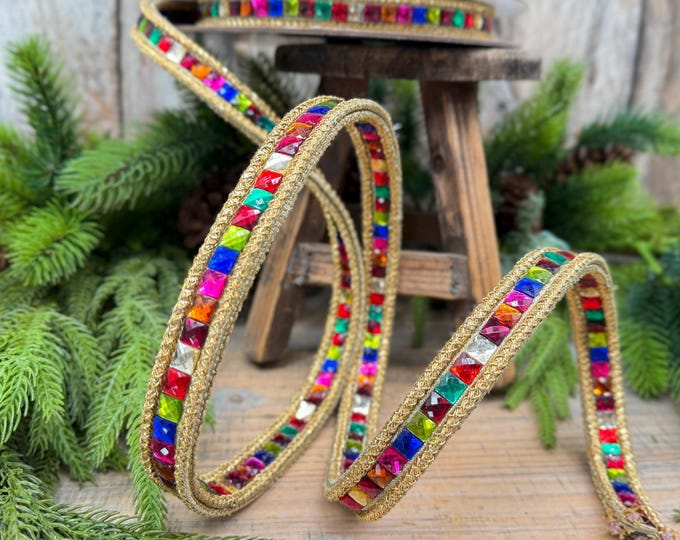 3/4" Gemstone Garland Multicolor Jeweled Ribbon by Farrisilk