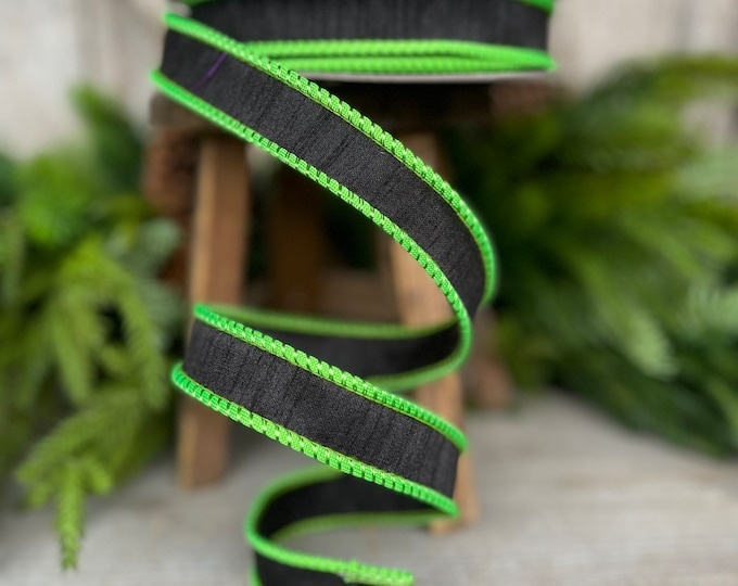 1" Black Lime Green Corded Ribbon, Farrisilk Ribbon, Wired Ribbon, Designer Ribbon, Halloween Ribbon, Black Green Ribbon, RK534-92