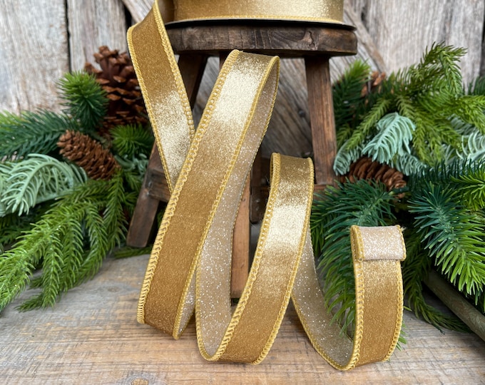 1" Gold Velvet Ribbon, Farrisilk Ribbon, Gold Ribbon, Christmas Ribbon, Plush Stardust ribbon, Designer Ribbon, RS206-50
